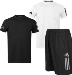 adidas Combat Sports Kids 3 Stripes Performance Drifit T-Shirts and Shorts 3pc Set - 1x White, 1x Black T-Shirt & 1x Black Shorts