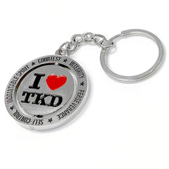 I Love TKD Round Metallic Keychain w/ 5 Tenets of Taekwondo