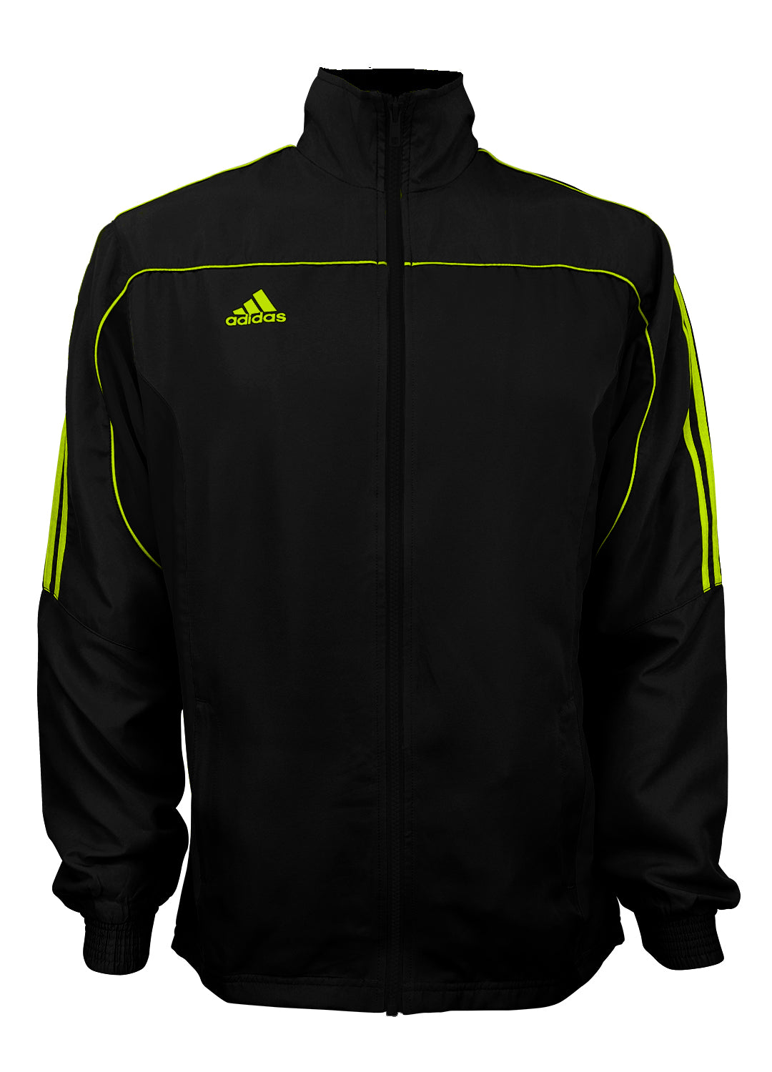 adidas Black with Neon Green Stripes Windbreaker Style Team Jacket Front View